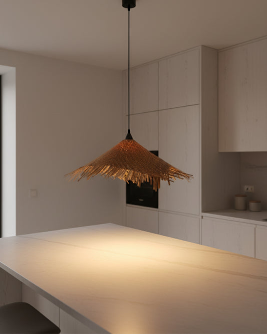 Bamboo Pendant Light: Handwoven Wavy Fringe Shade, Natural Brown, 68 cm, Kitchen Island, Dining Room