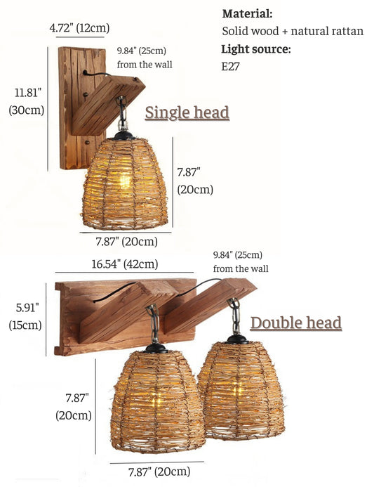 Rattan Wall Sconce: Natural Rattan, Wood Wall Light, Handmade Sconce, Entryway Lights, Bedside Sconce