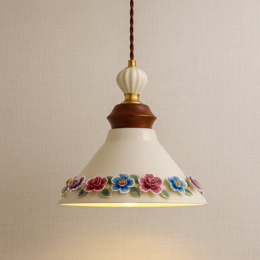 Pendant Light – Ceramic & Wood – Floral Cone Shade – White – Kitchen