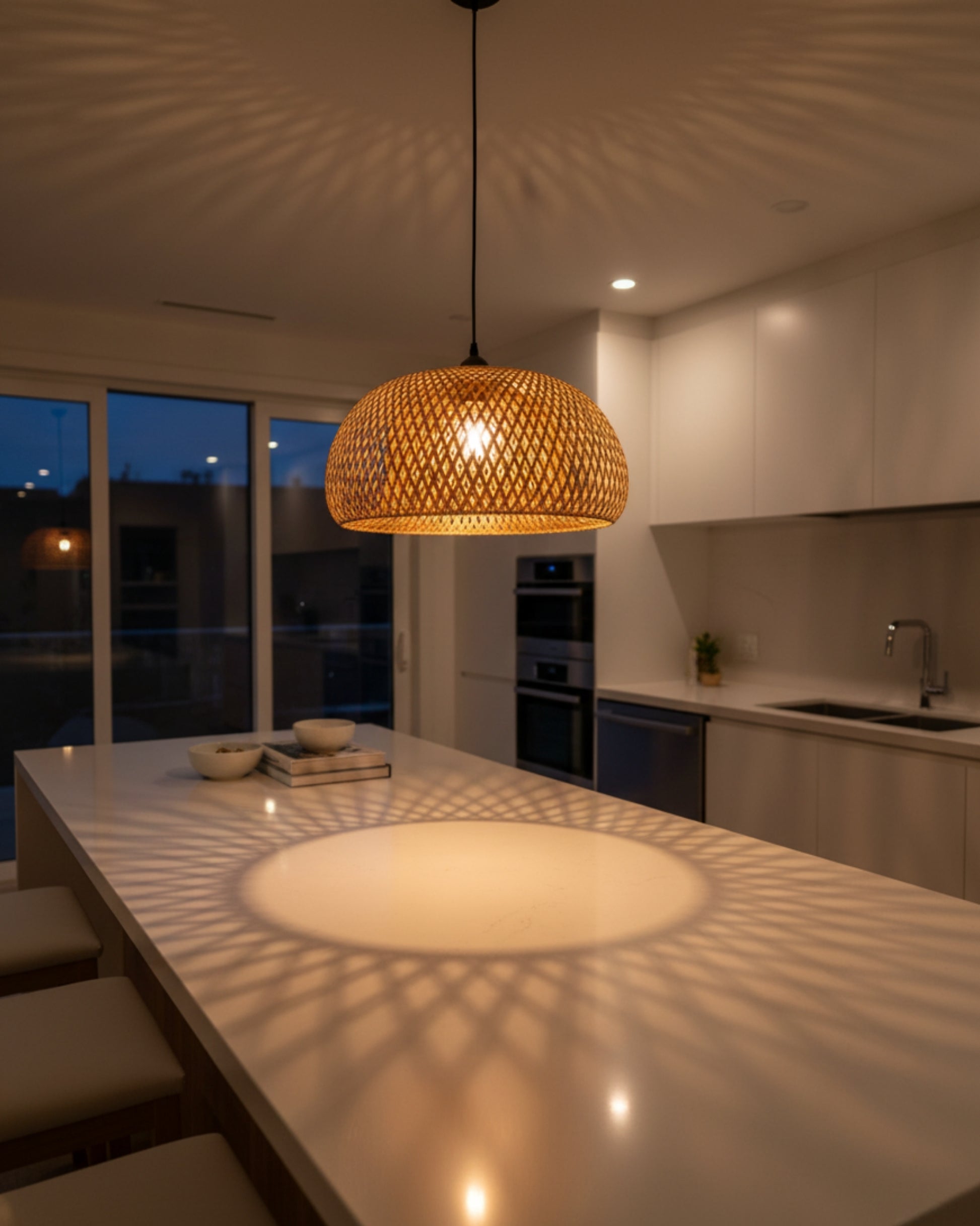 Handwoven bamboo dome pendant light over a kitchen island, lamp on at 2700K; straight black cord and canopy. Warm halo with lattice shadow pattern spreads on the countertop and ceiling in a Japandi/Scandinavian setting.