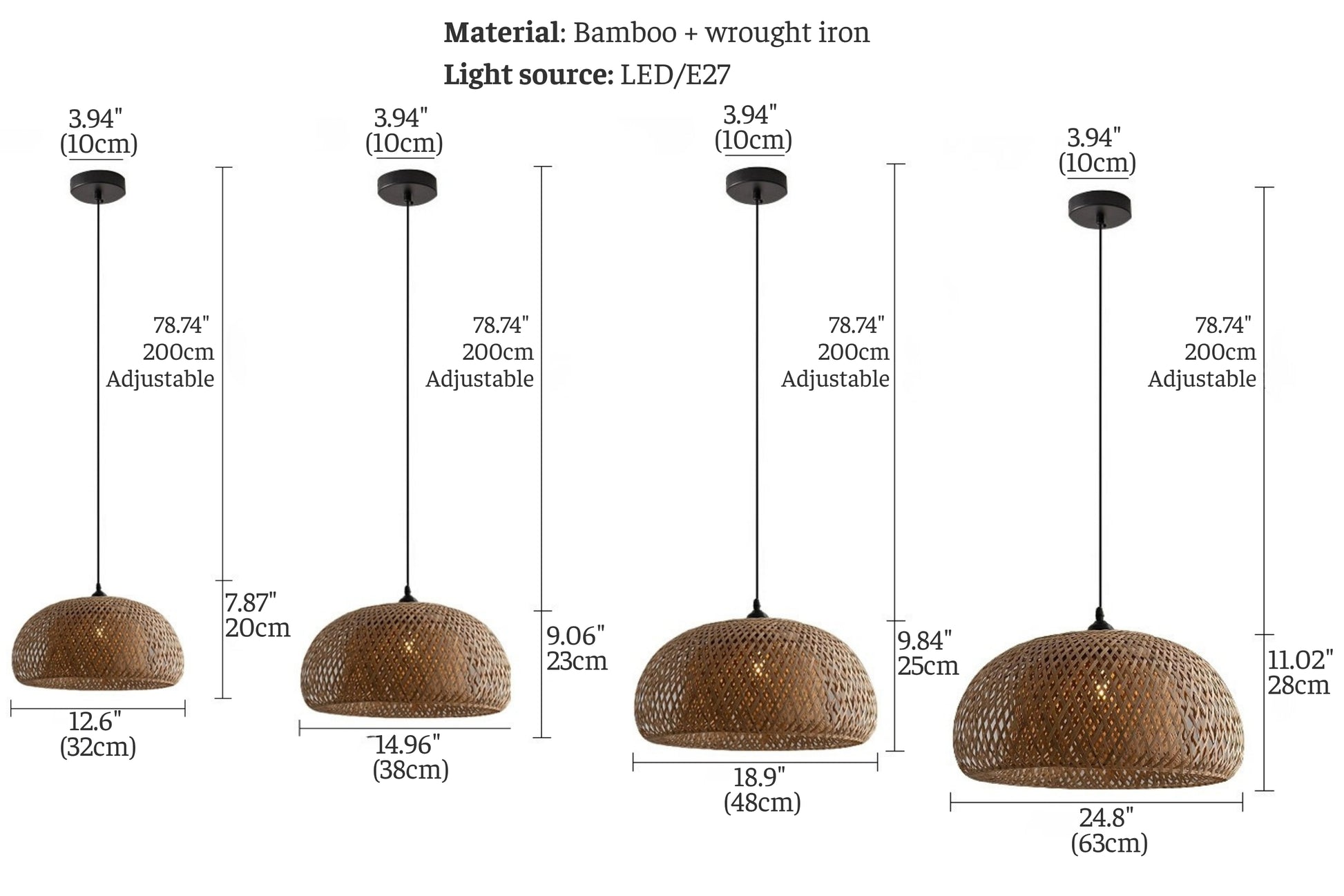Size chart for handwoven bamboo dome pendant light: Ø32×H20 cm (12.6×7.87"), Ø38×H23 cm (14.96×9.06"), Ø48×H25 cm (18.9×9.84"), Ø63×H28 cm (24.8×11.02"). E27 LED, 200 cm adjustable cord, 10 cm canopy; bamboo + wrought iron.
