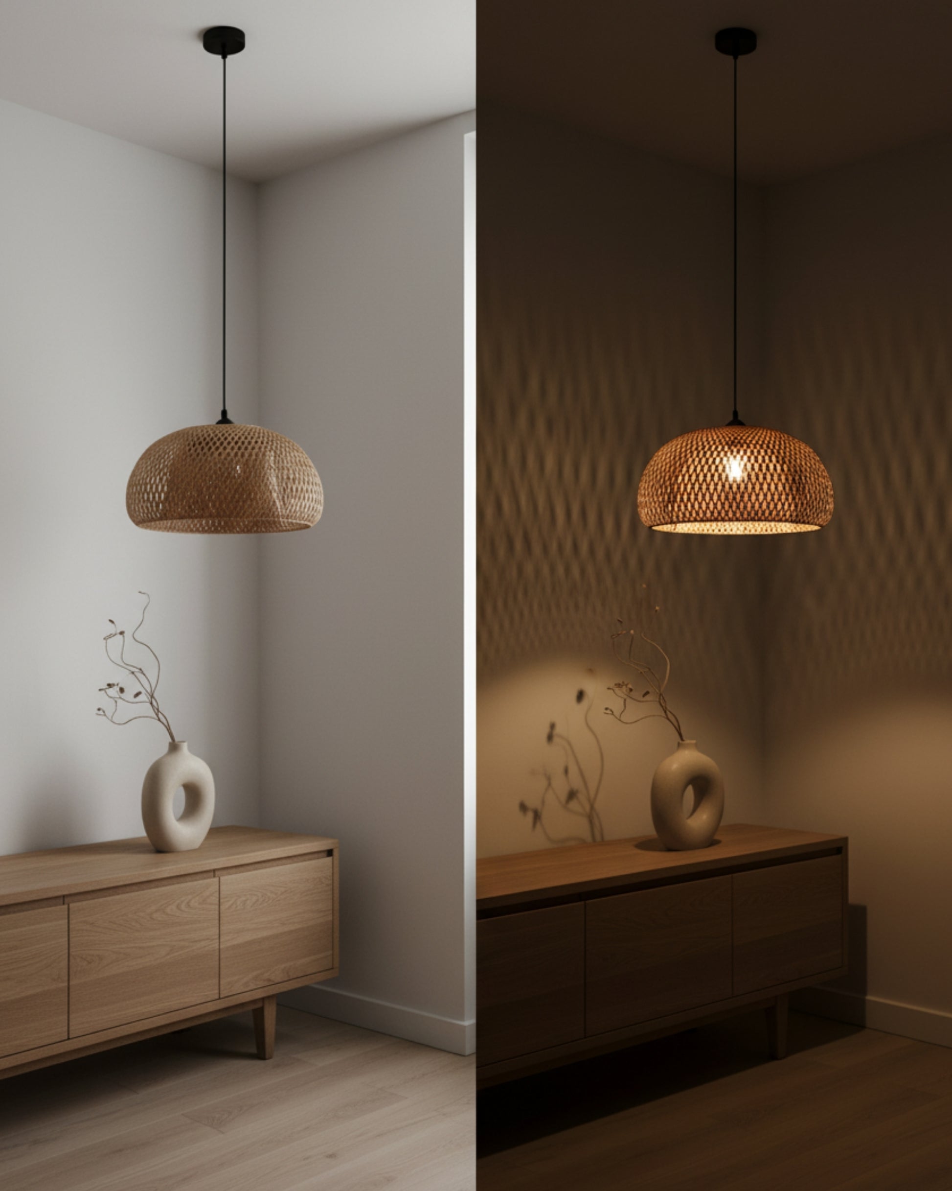 Side-by-side day and night view of a handwoven bamboo dome pendant above an oak sideboard; left lamp OFF in bright natural light, right lamp ON at 2700K casting soft lattice shadows on the wall; straight black cord and canopy, Japandi living room.