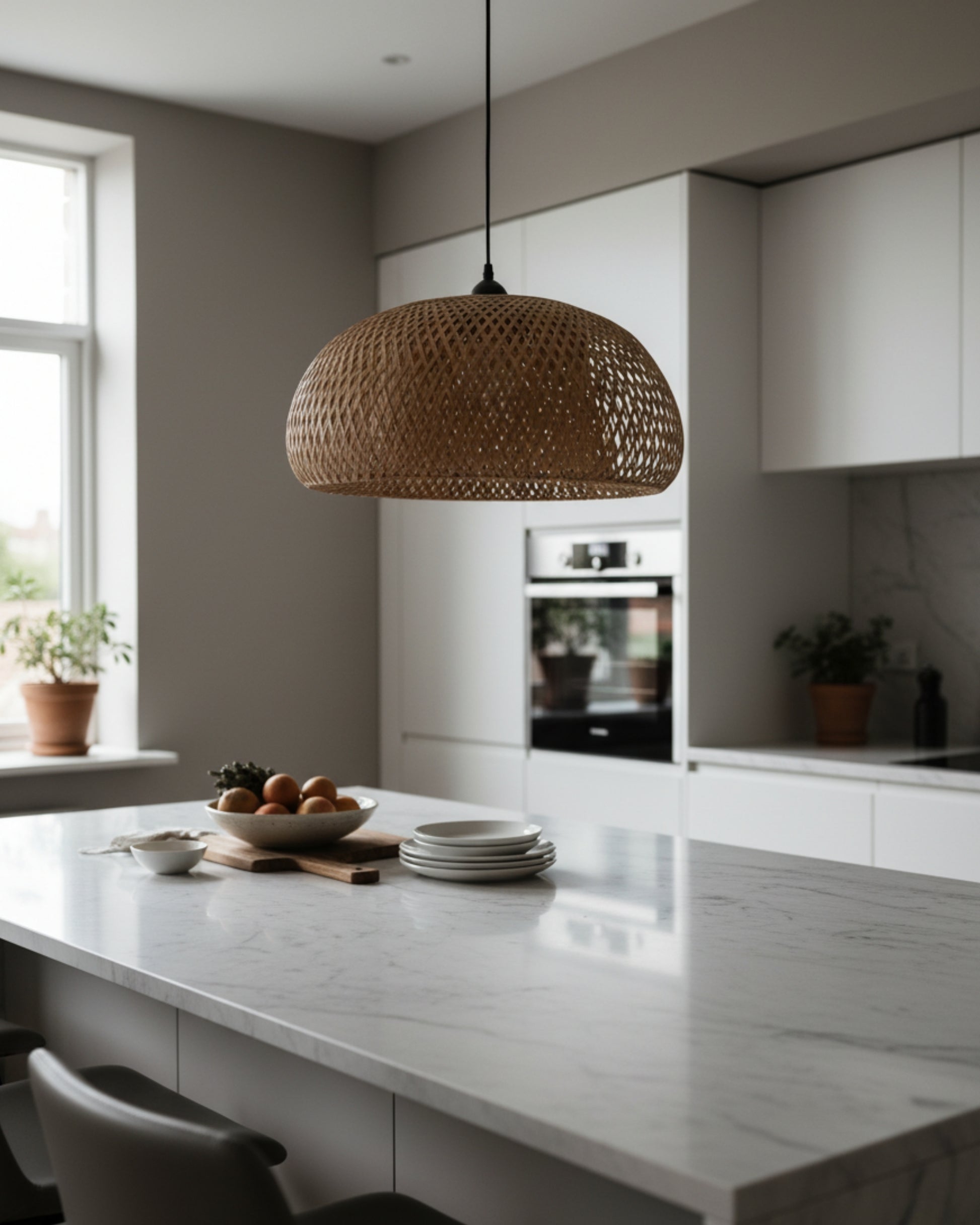Handwoven bamboo dome pendant above a marble kitchen island, lamp OFF in soft daytime light. Straight black cord and canopy; natural rattan tone complements minimalist white cabinets and potted plants in a Scandinavian kitchen.