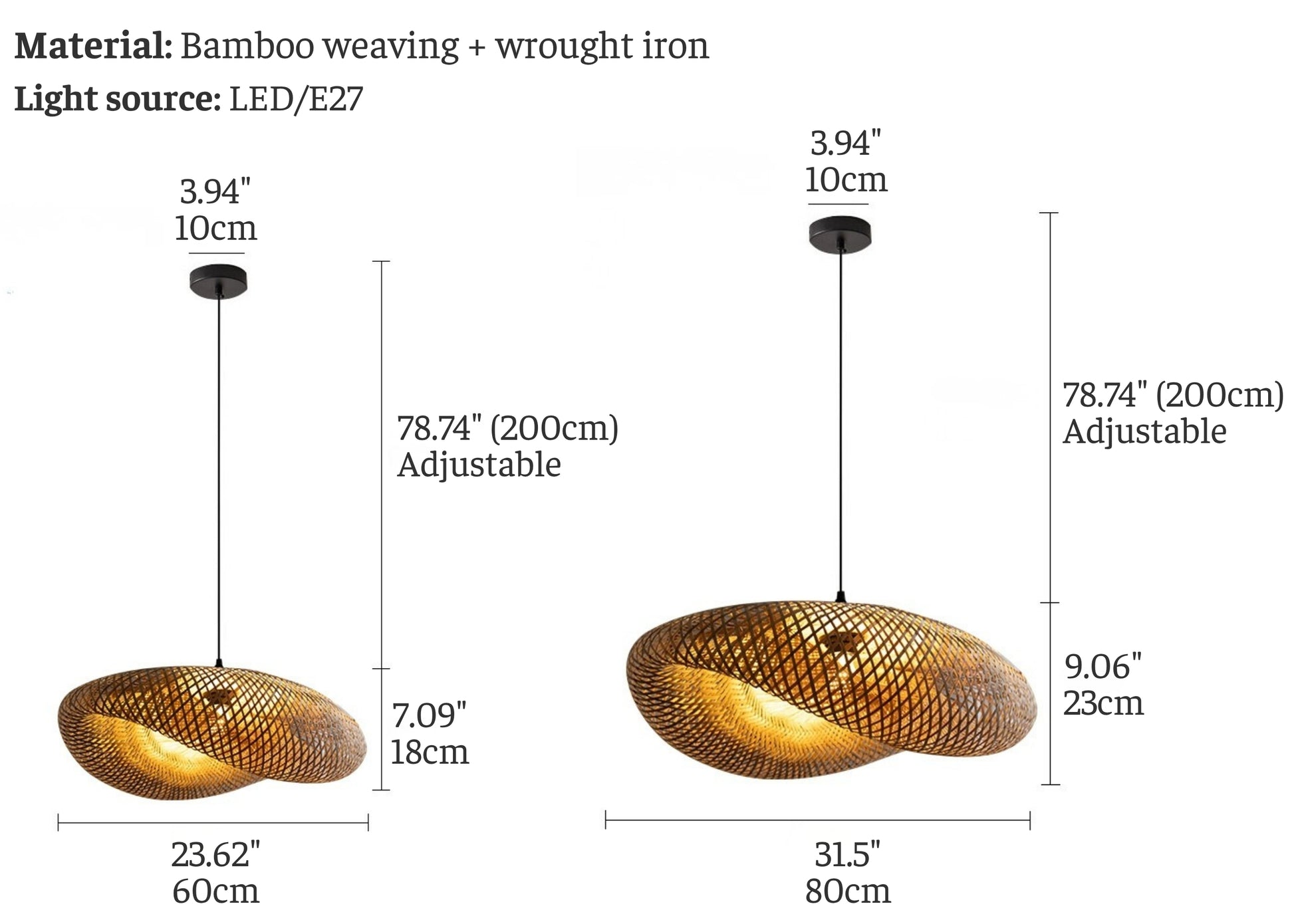 Size guide for handwoven bamboo twisted-disc pendant: D60 cm (23.62") or D80 cm (31.5"); height 18 cm (7.09") or 23 cm (9.06"); canopy D10 cm (3.94"); cord adjustable to 200 cm (78.74"); bamboo + wrought iron; LED/E27.