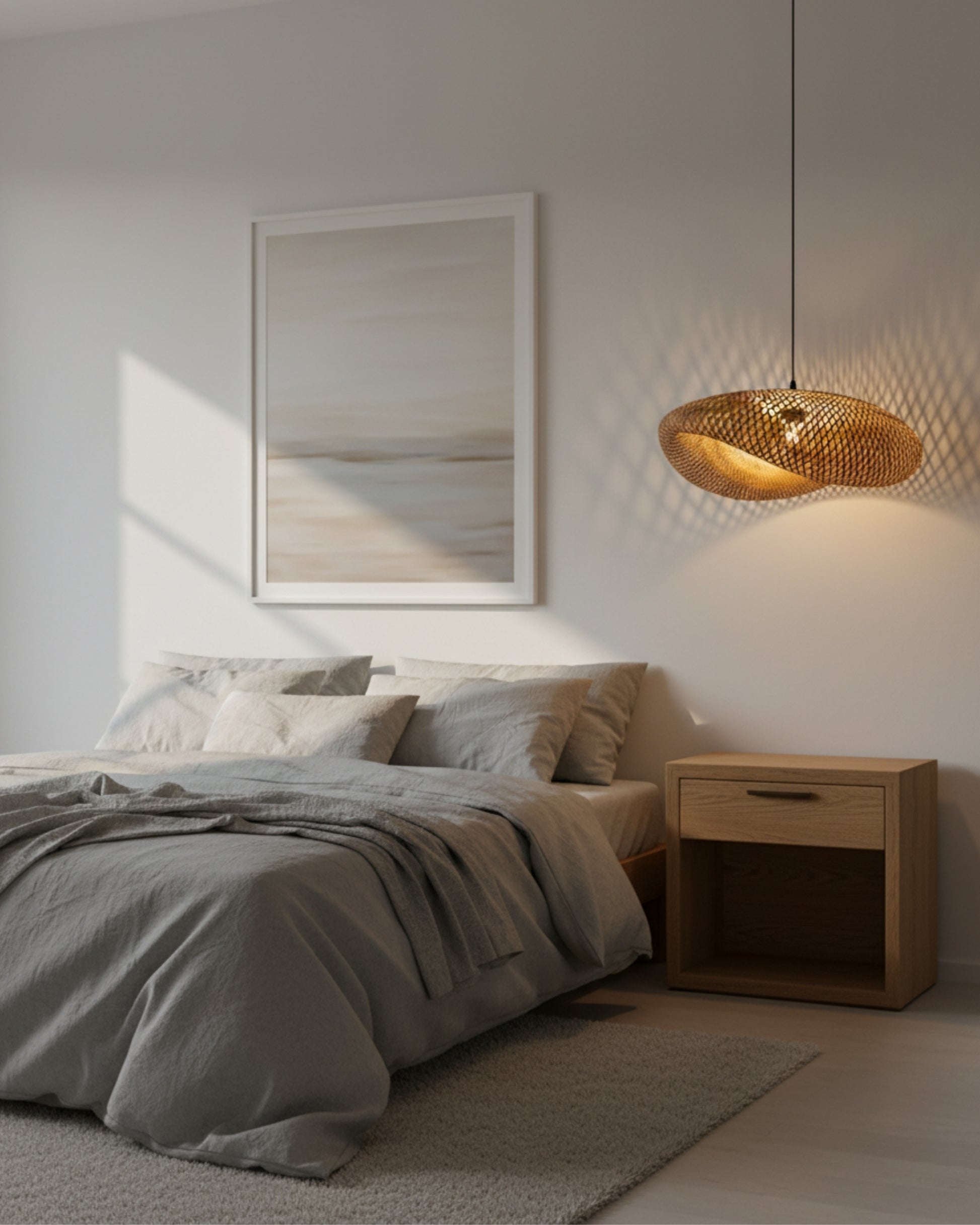 Bedroom view of a handwoven bamboo twisted-disc pendant, approx. 31.5 in (80 cm) on a slim black cord; warm 2700K bulb ON casting lattice shadows; ambient bedside lighting in a Japandi/Scandinavian room.