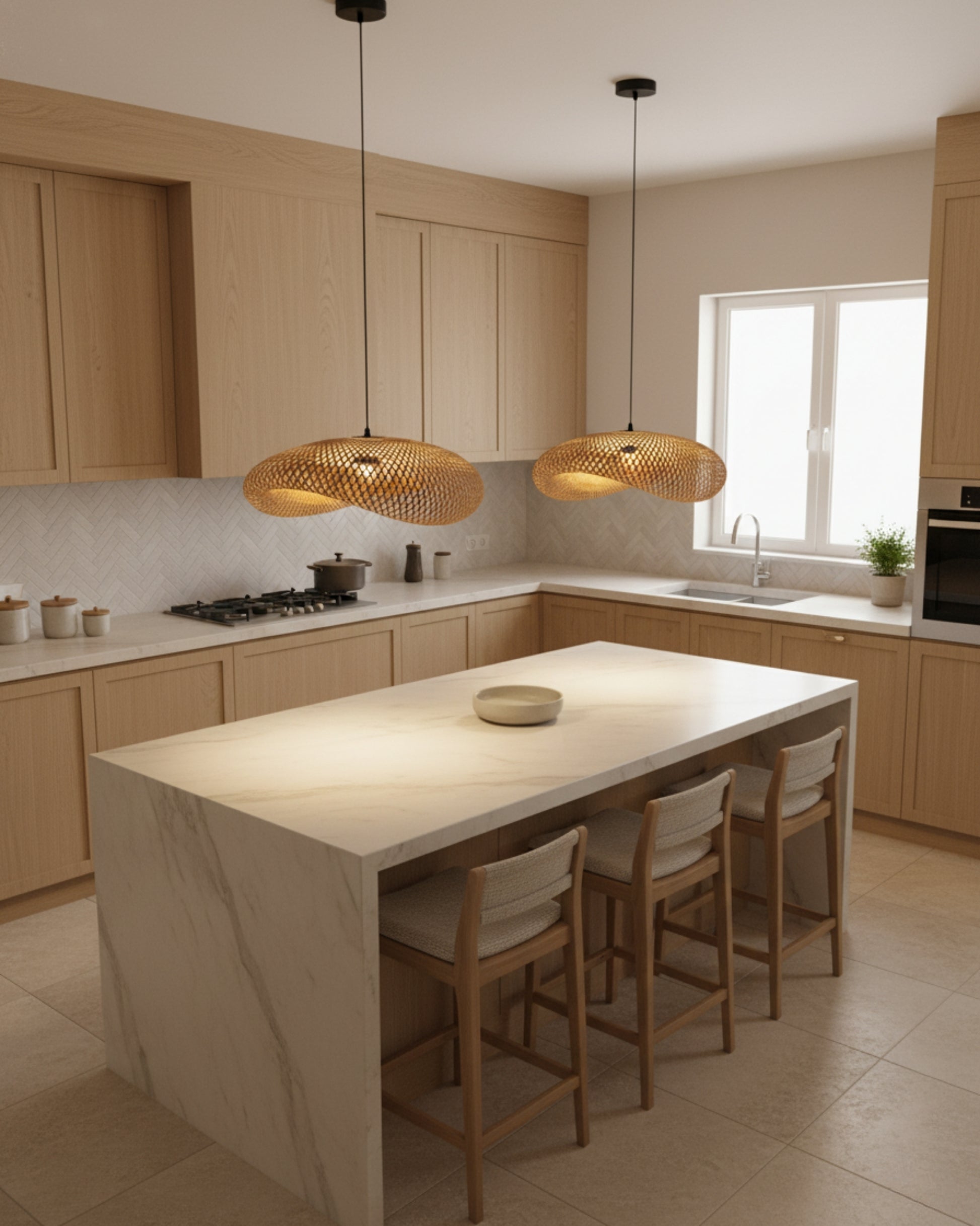 Kitchen view with two handwoven bamboo twisted-disc pendants, black canopies and slim cords; warm 2700K bulbs ON casting soft lattice light over the stone island; ideal for Japandi/Scandinavian interiors.