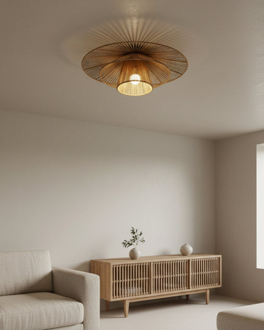 Handmade Ceiling Light: Handwoven Linen Rope, Layered Shade, bedroom lighting