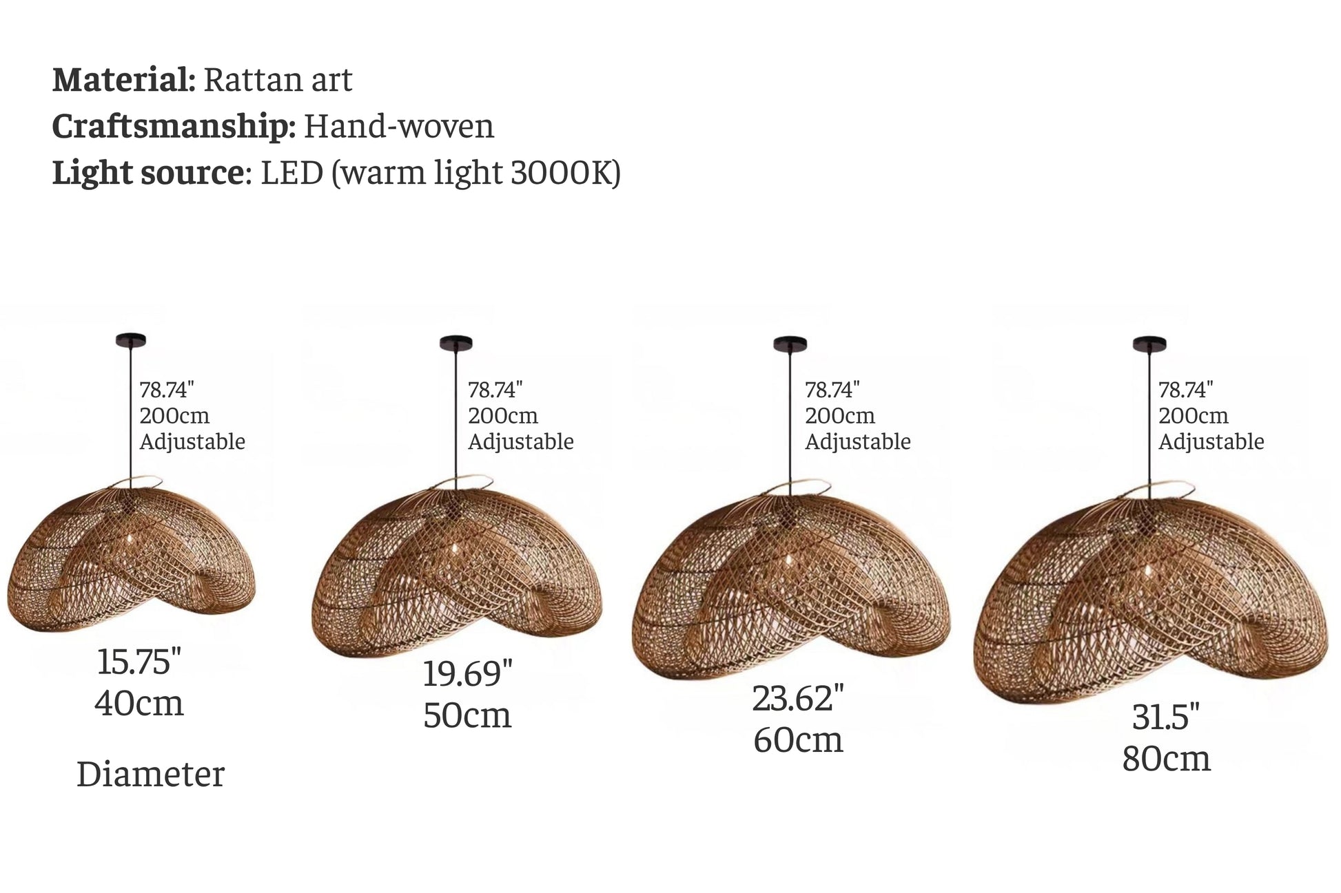Size chart for a handwoven rattan pendant with a sculptural wave shade—diameters 40, 50, 60, and 80 cm—with a 200 cm adjustable drop. Warm LED 3000K; natural woven texture; ideal for kitchen islands, dining or cozy bedrooms.