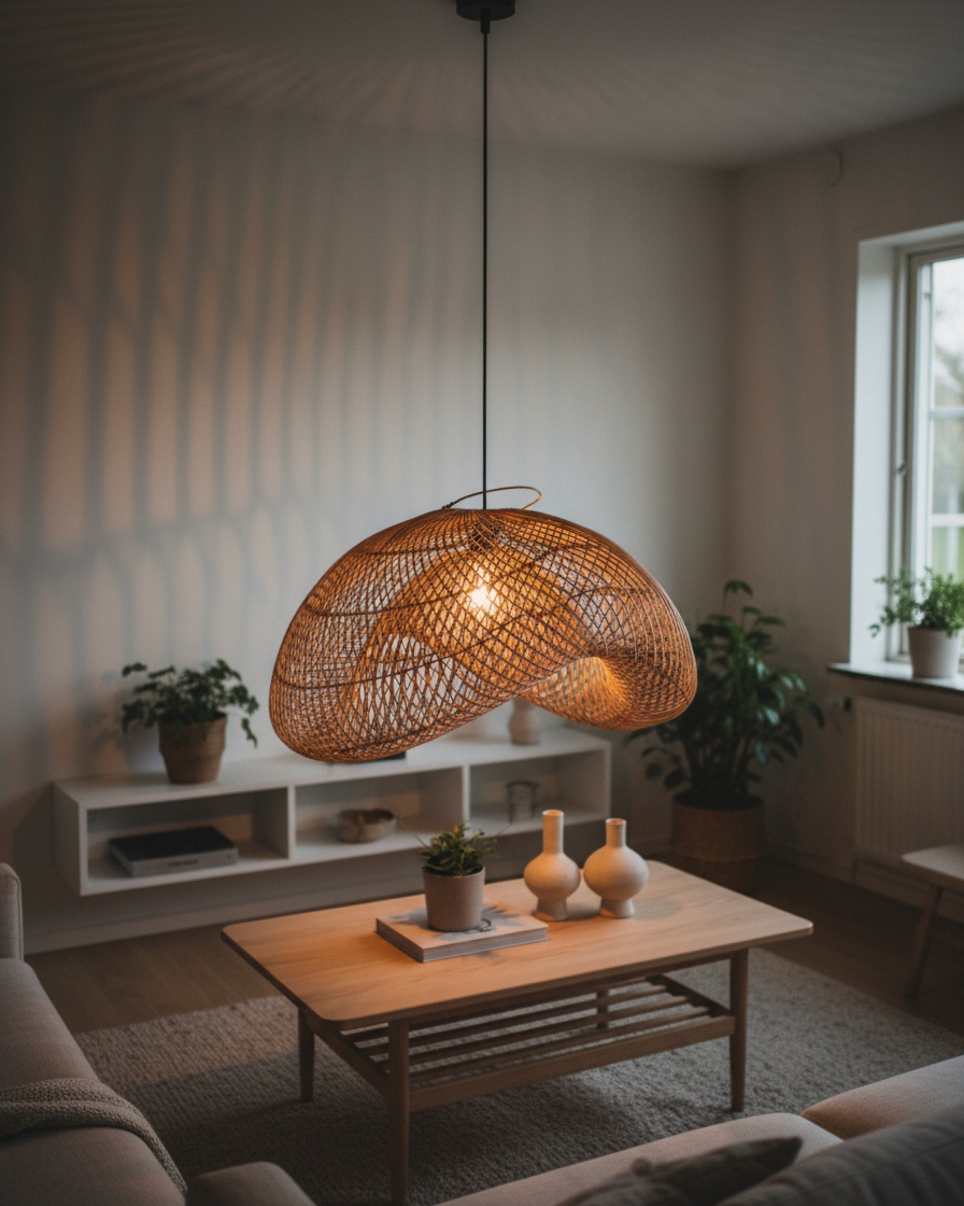 Handwoven rattan pendant with a sculptural wave shade, lamp on at 3000K casting lattice shadows; hanging low over an oak coffee table in a calm Japandi/Scandinavian living room with soft neutrals and indoor plants.
