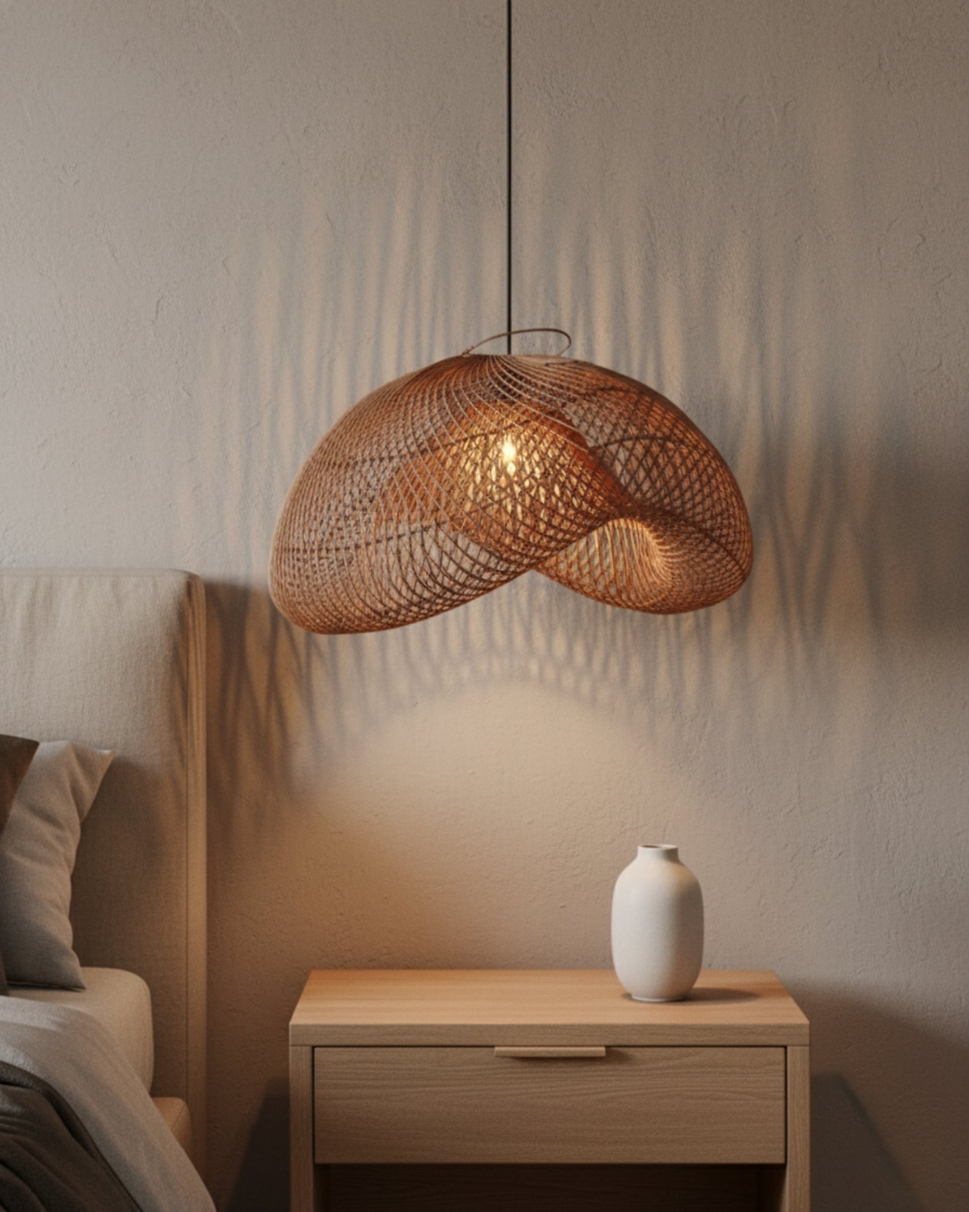 Handwoven rattan pendant with a sculptural wave shade hanging beside a bed, warm 3000K bulb casting soft lattice shadows on a greige plaster wall; black cord, minimal nightstand—a calm Japandi bedroom scene.