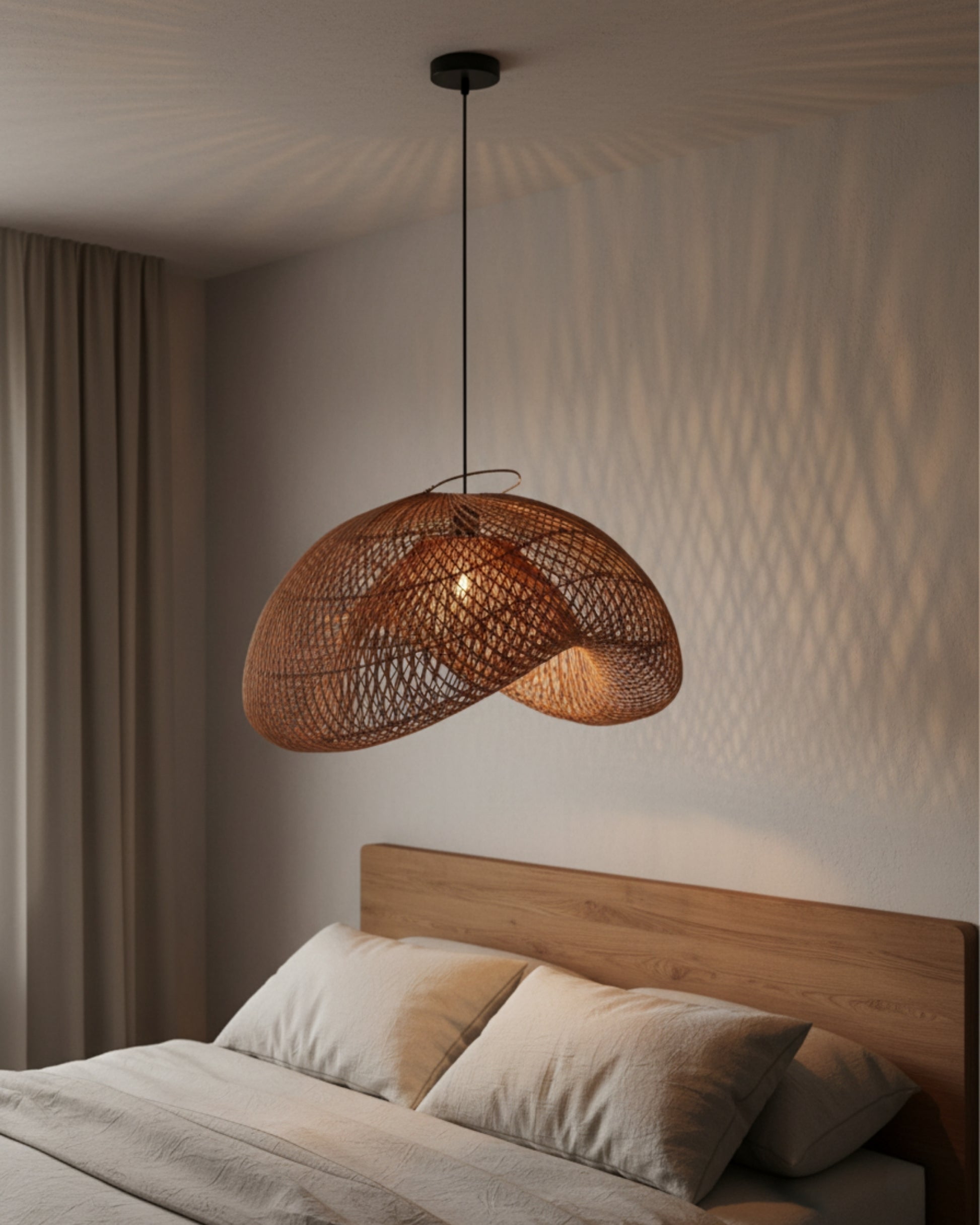 Handwoven rattan pendant with sculptural wave shade hanging above a bed; 3000K warm glow casts lattice shadows on the ceiling and wall. Black canopy and cord, oak headboard, neutral linens—a calm Japandi bedroom scene.