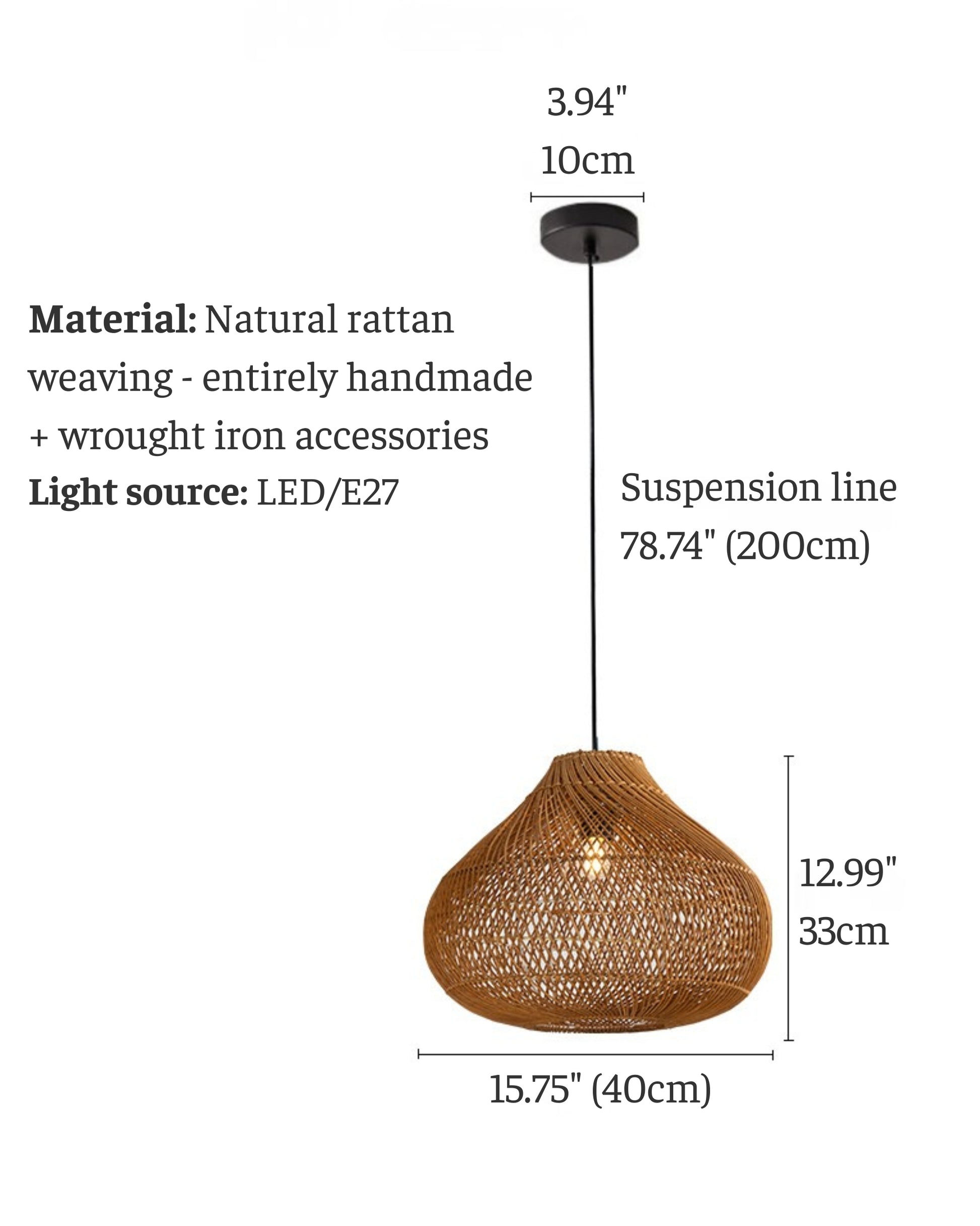 Size diagram of a gourd-shaped handwoven natural rattan pendant with black canopy. Shade Ø40 cm (15.75") × H33 cm (12.99"); canopy D10 cm (3.94"); suspension line 200 cm (78.74"). E27/LED compatible with wrought-iron hardware.