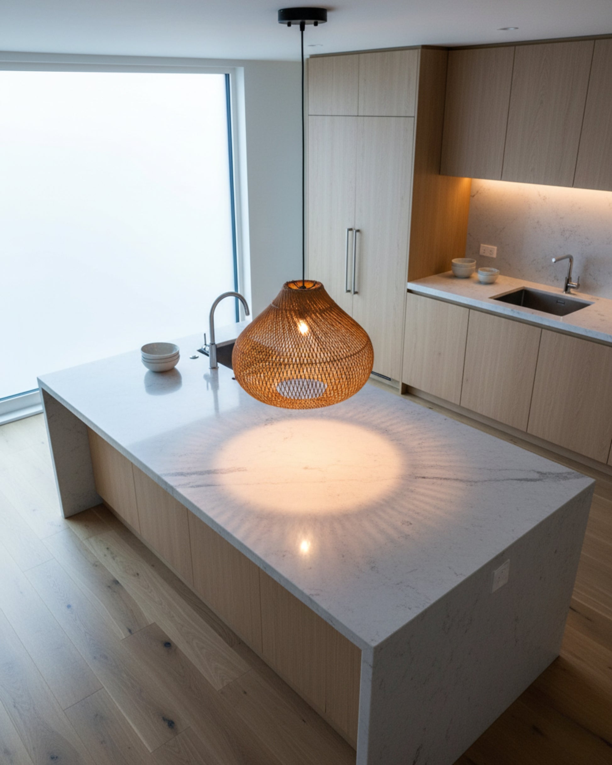 Handwoven rattan gourd pendant with black canopy, D40 cm (15.75”) × H33 cm (12.99”), E27 LED. Warm glow creates a circular pool on the marble kitchen island from a high angle; ideal for meal prep and dining spaces.