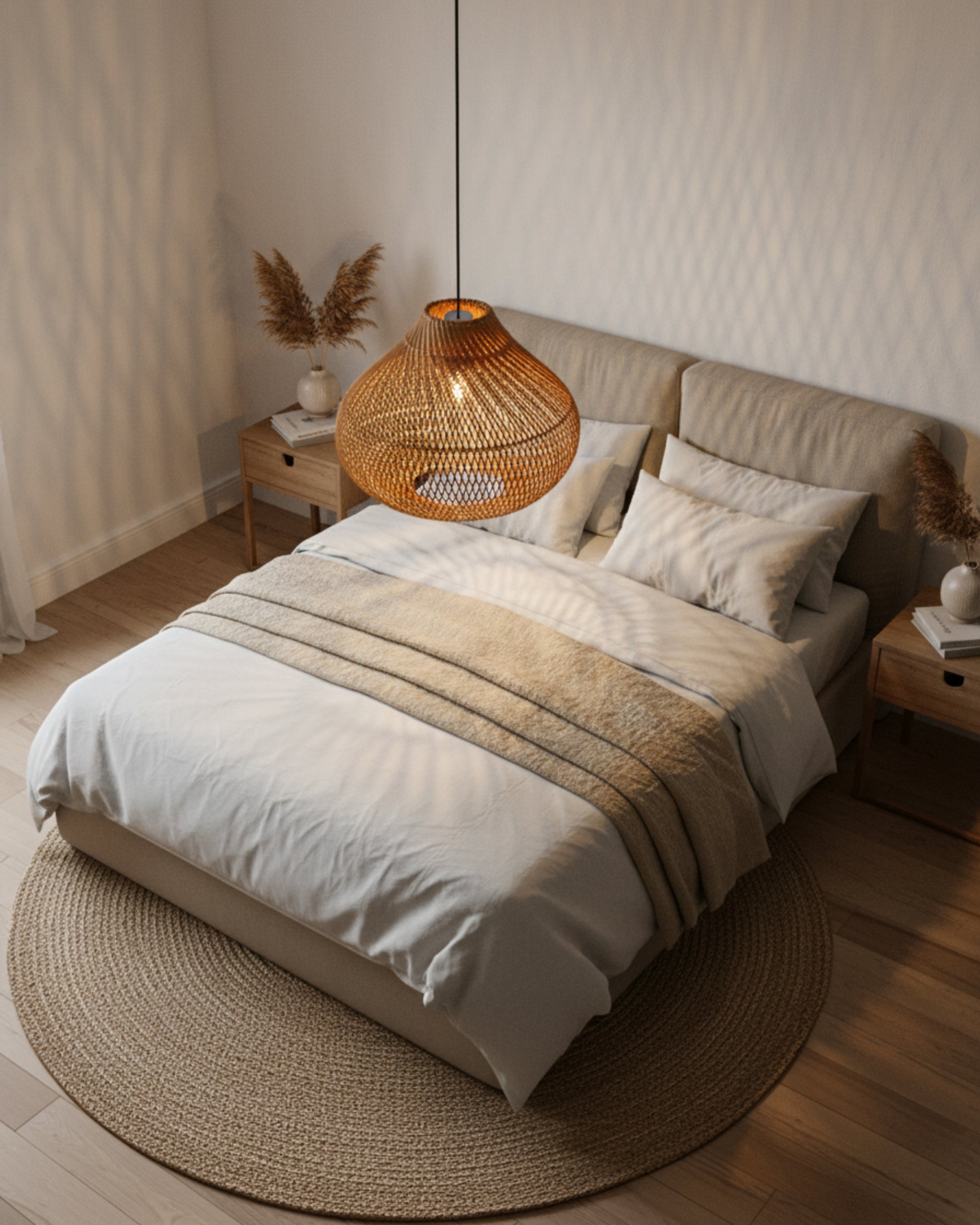 Gourd-shaped handwoven rattan pendant with black canopy, D40 cm (15.75”) × H33 cm (12.99”), E27 LED. Warm lattice glow casts patterns on the bedroom walls above a neutral bed; ideal for soft ambient bedside lighting.