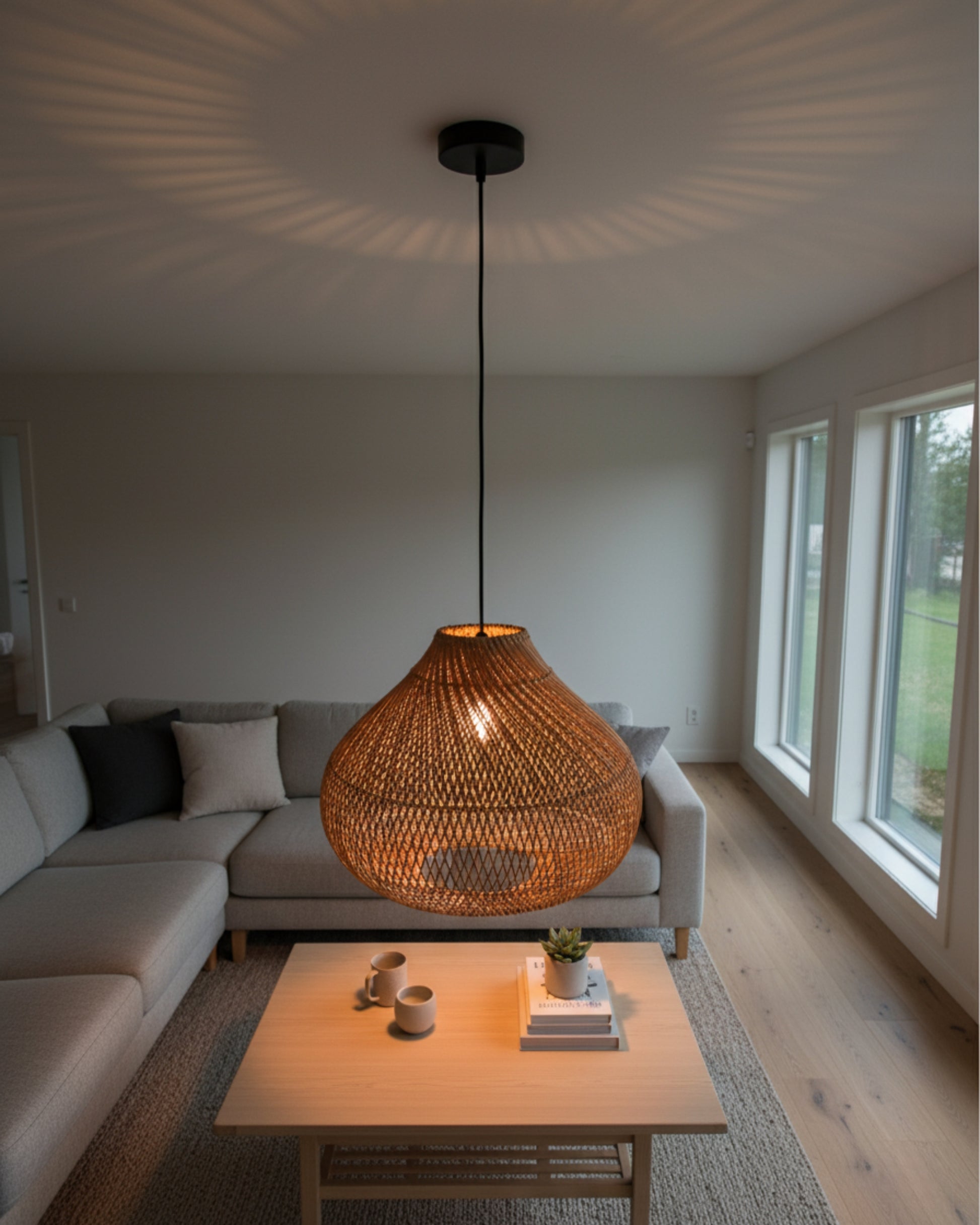 Handwoven rattan gourd-shaped pendant with black canopy, D40 cm (15.75”) × H33 cm (12.99”), E27 LED. Warm lattice glow forms a halo on the ceiling above a Scandinavian living room sofa and coffee table.