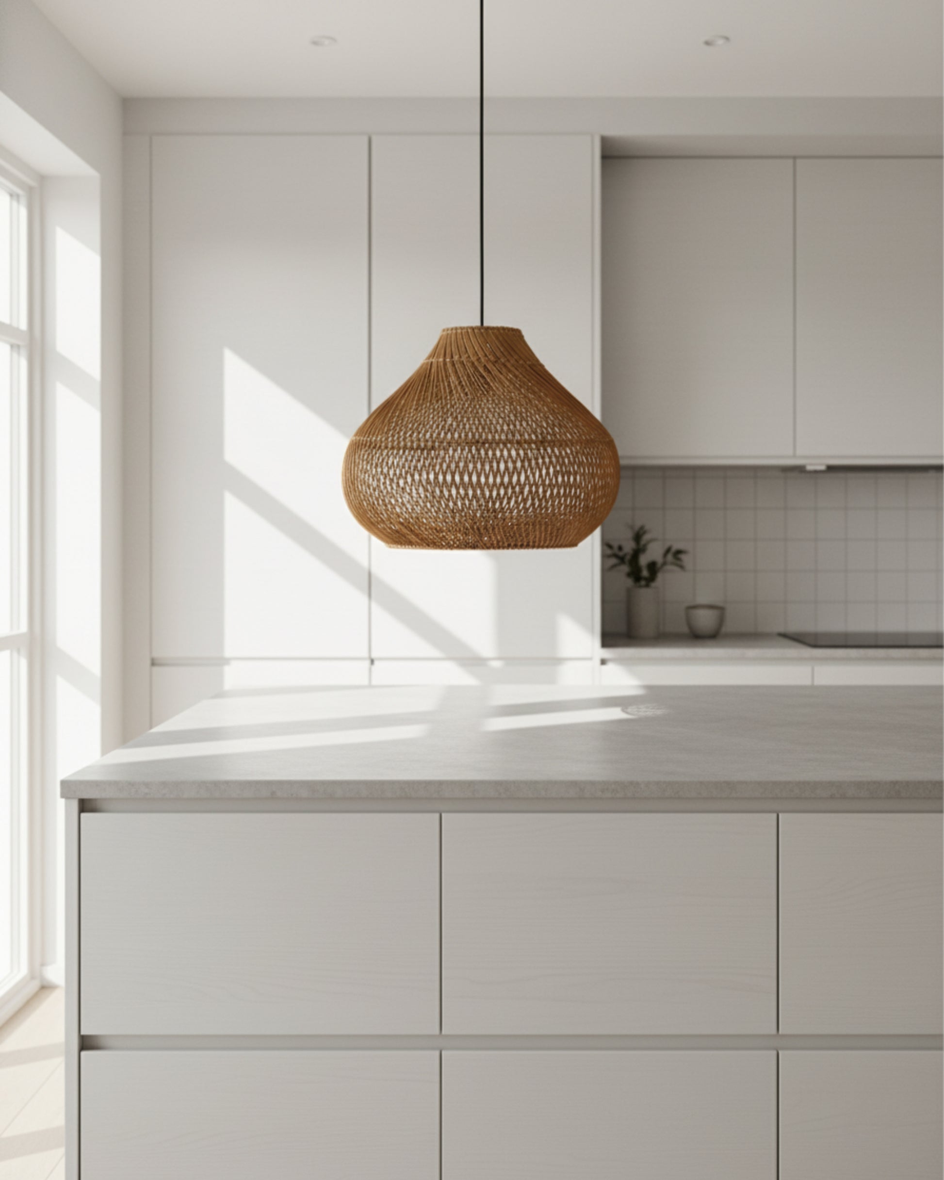 Gourd-shaped handwoven rattan pendant with black cord, D40 cm (15.75”) × H33 cm (12.99”); airy lattice weave. Shown unlit in a bright Scandinavian kitchen over a light gray island—ideal for kitchen islands or breakfast bars.