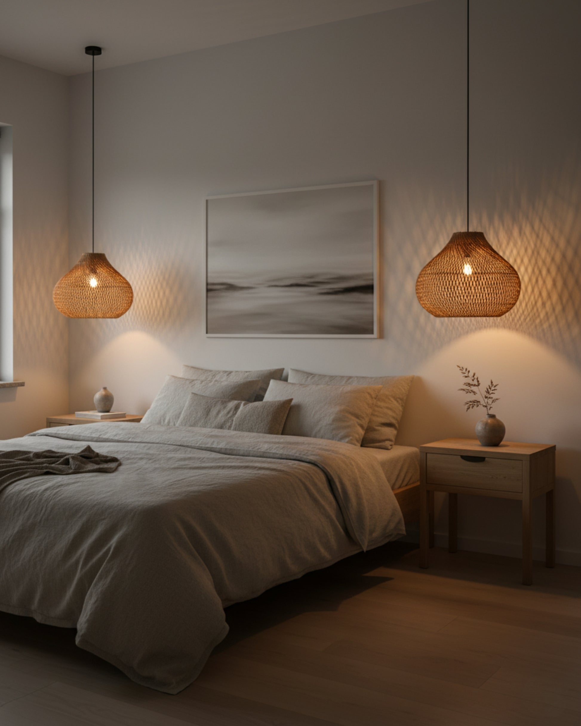 Pair of gourd-shaped handwoven rattan pendants with black cords, D40 cm (15.75”) × H33 cm (12.99”), E27 LED. Warm lattice glow flanks a neutral bed, casting patterns on the walls—ideal as bedside ambient lighting.