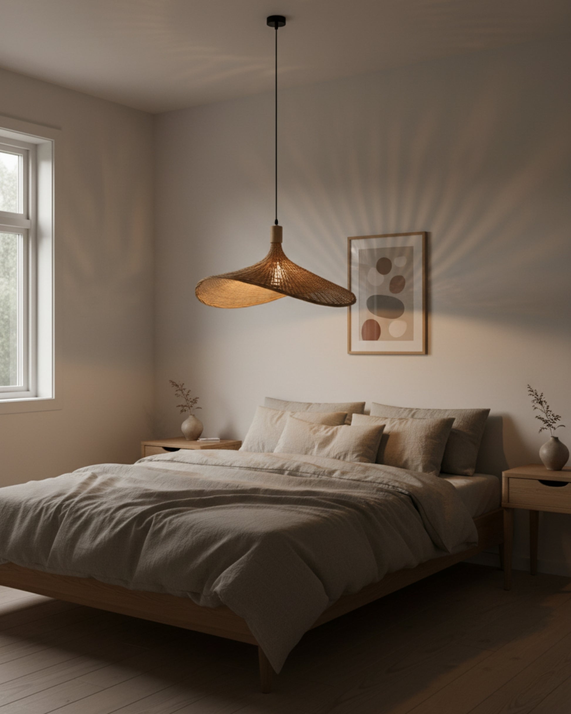 Bedroom scene with a handwoven rattan pendant light in a sculptural wave shape; 2700K glow creates soft radial wall shadows above the bed; black cord with wood cap—ideal ambient bedside lighting; E27 LED compatible.