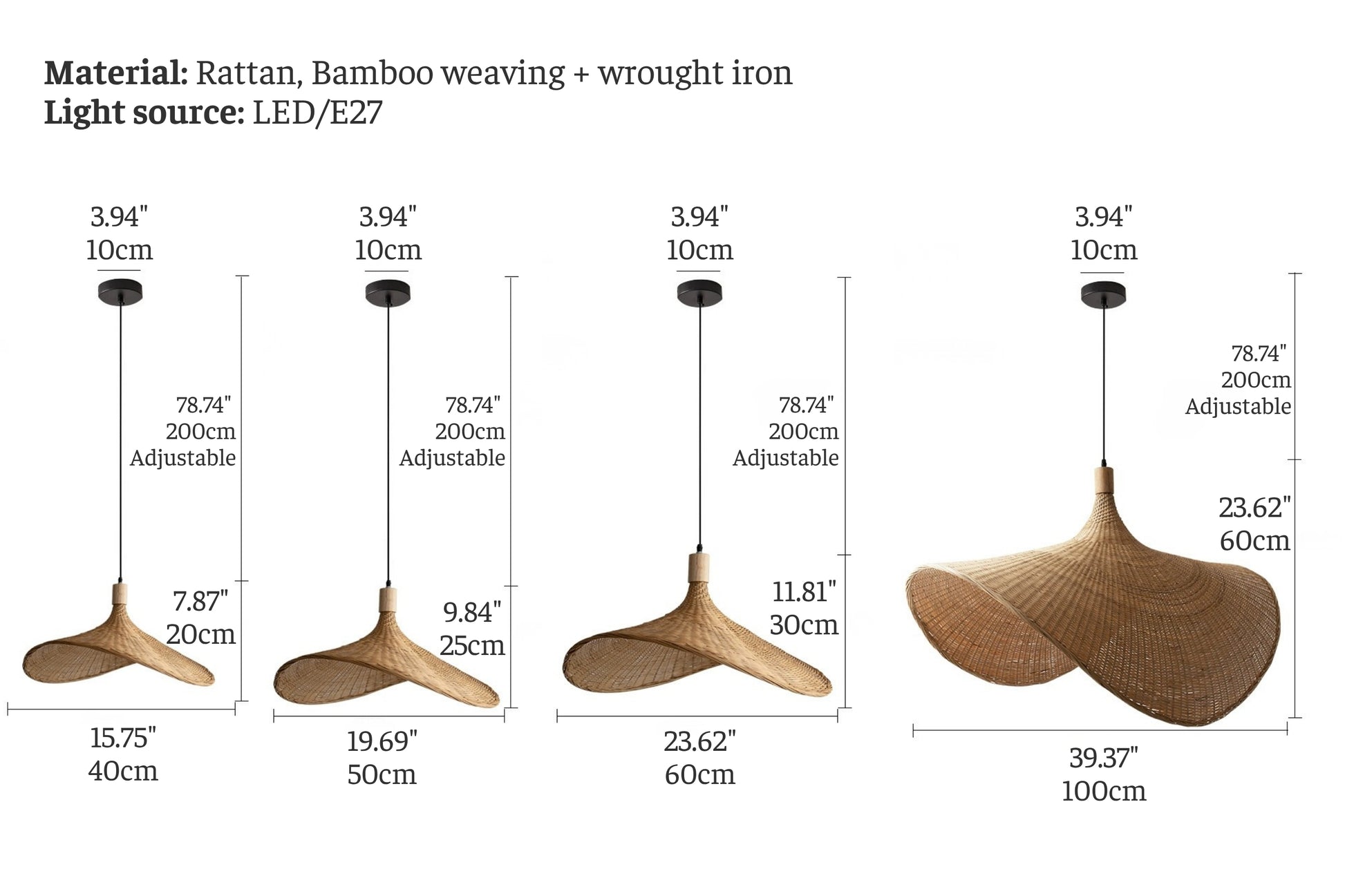 Size chart for a handwoven rattan/bamboo pendant light with a sculptural wave shade; four diameters: 40 cm (H 20 cm), 50 cm (H 25 cm), 60 cm (H 30 cm), 100 cm (H 60 cm); E27/LED; 200 cm adjustable cord; 10 cm ceiling canopy.