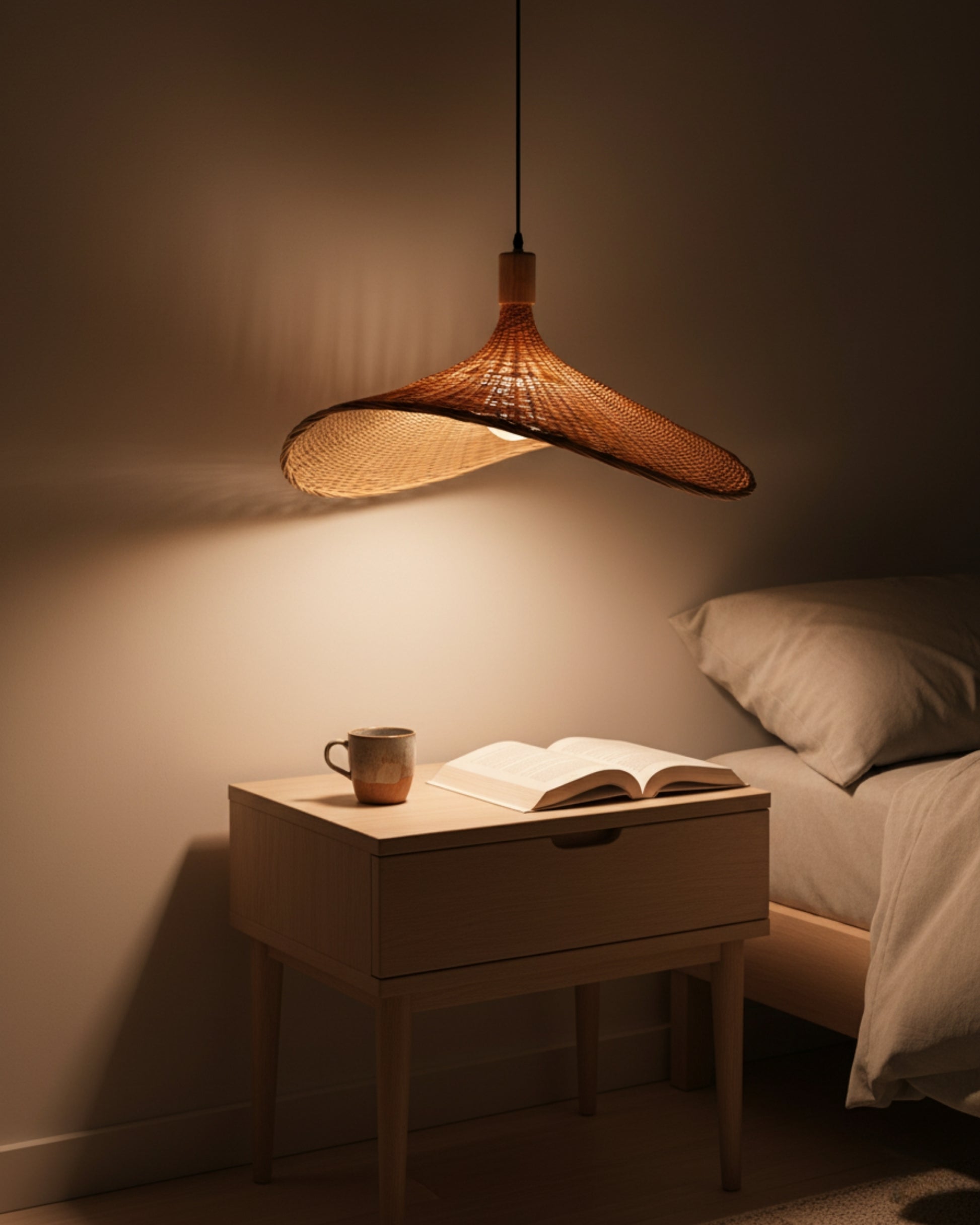 Bedroom scene with a handwoven rattan pendant light and sculptural wave shade; warm 2700K glow washing the wall above a wooden nightstand—ideal as bedside lighting; E27 LED compatible.