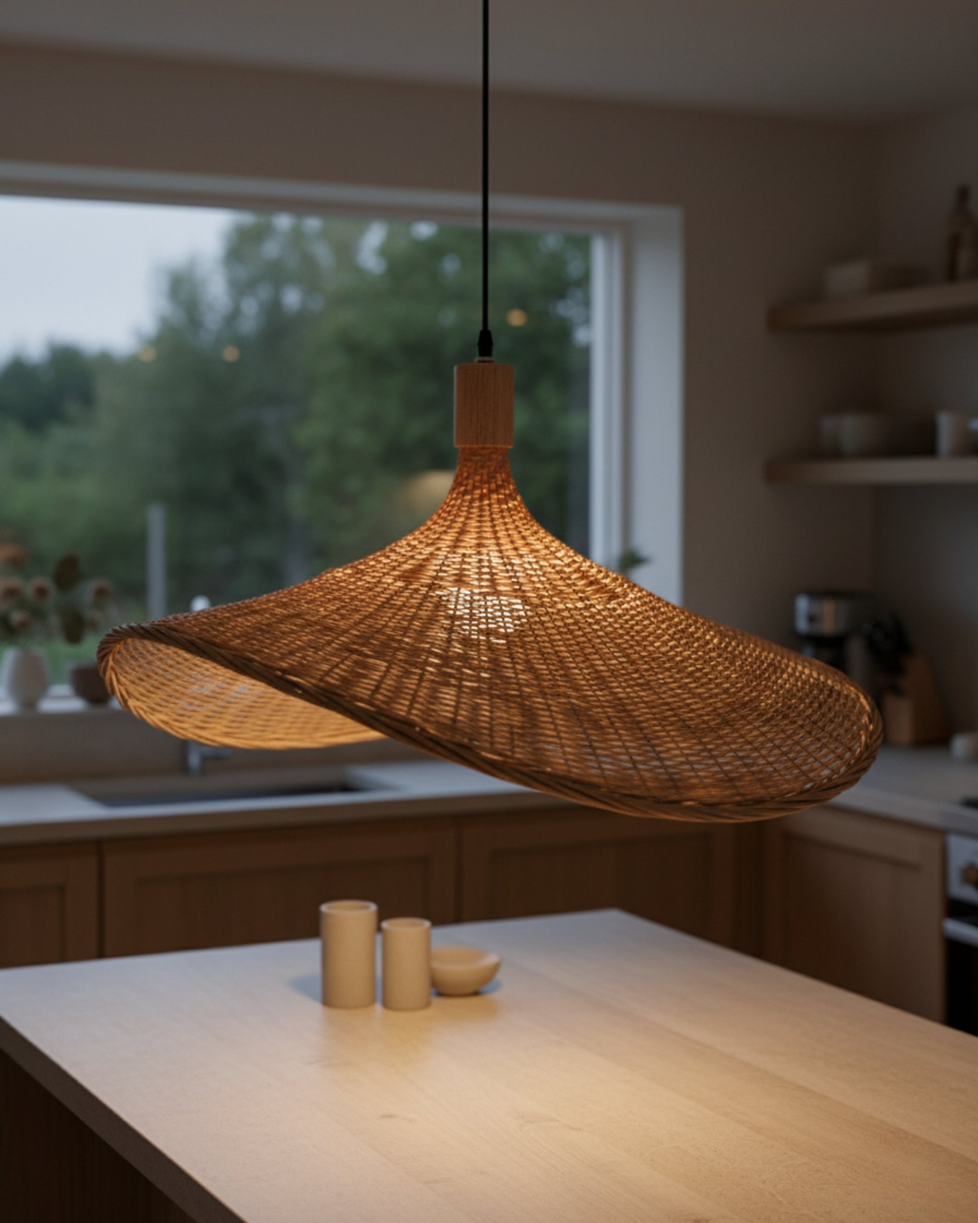 Handwoven rattan pendant with a sculptural wave shade above a kitchen island; lamp on casts a soft pool on the countertop; wood cap with black cord; E27 LED compatible, adjustable drop.