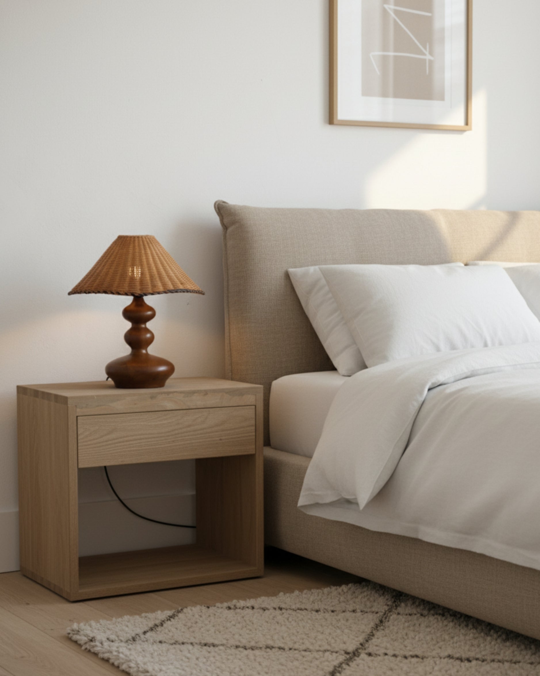 Handwoven rattan table lamp with sculpted ash-wood base (walnut tone), 40 cm (15.75") shade, on a light-oak nightstand beside a beige upholstered bed; soft ambient light in a minimalist Japandi bedroom.