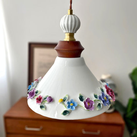 Pendant Light – Ceramic & Wood – Floral Cone Shade – White – Kitchen